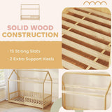 HOMCOM House-Shaped Kids Single Bed Frame with Guard Rails – Solid Pine, Natural Wood