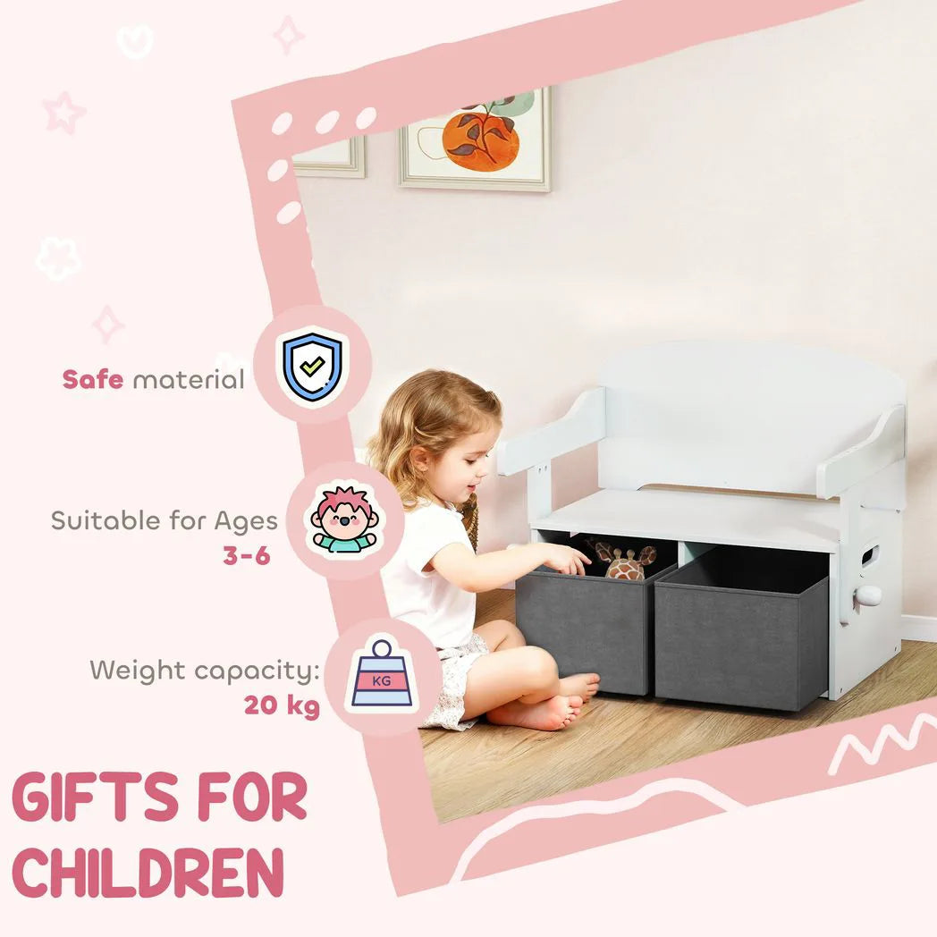 AIYAPLAY 3 in 1 Kids Storage Bench – Convertible Table and Chair Set with 2 Fabric Bins and Toy Box, White