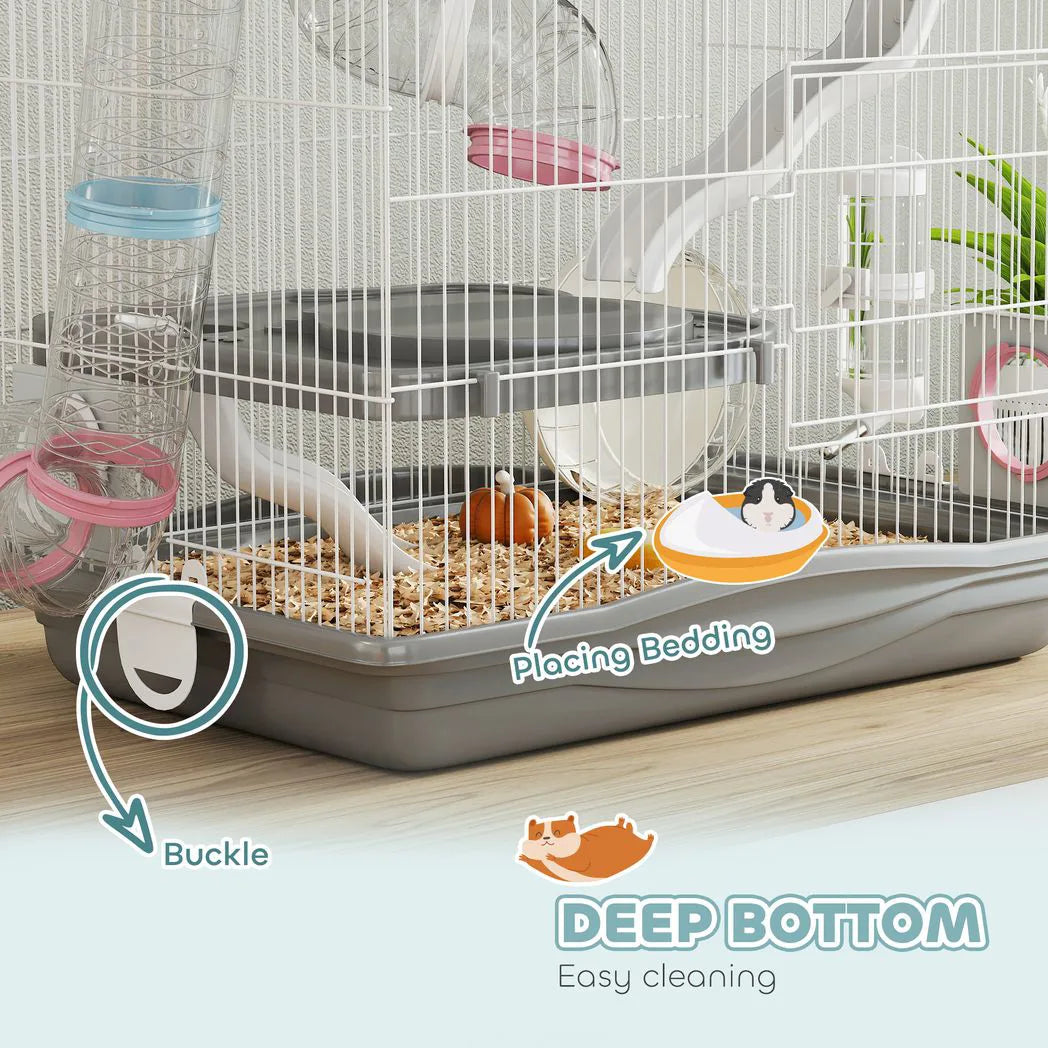 PawHut 3-Tier Hamster Cage with Exercise Wheel, Tunnels and Water Bottle – Habitat for Dwarf Hamsters, Grey
