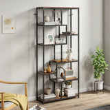 HOMCOM Seven-Tier Geometric Bookcase with Metal Frame & Anti-Tipping Straps – Asymmetrical Storage, Brown