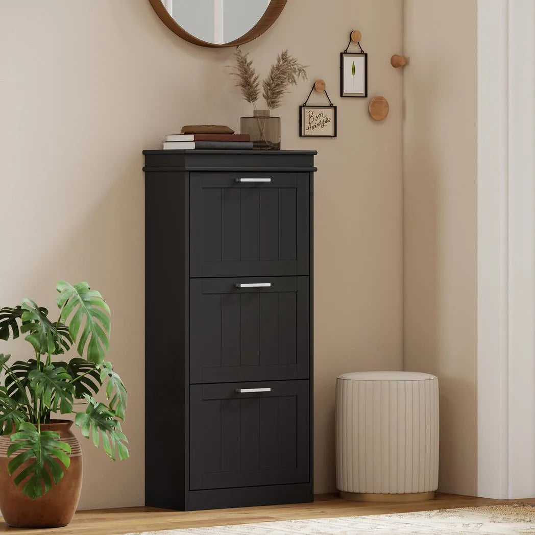 HOMCOM Slim 3-Drawer Shoe Cabinet with Adjustable Shelves – Holds 15 Pairs, Black