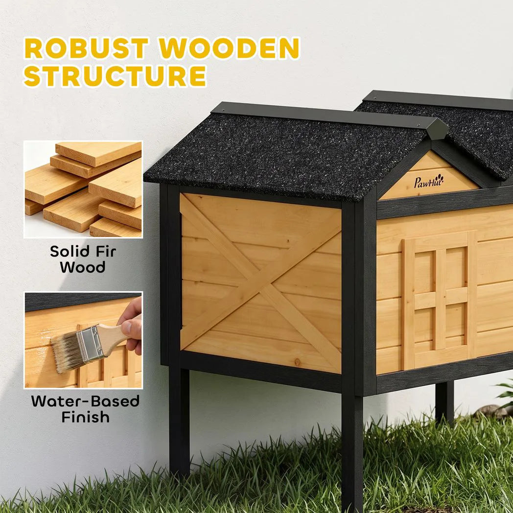 PawHut Wooden Outdoor Cat House with Asphalt Roof, Side Cleaning Door and PVC Curtain – Insulated Cat Shelter
