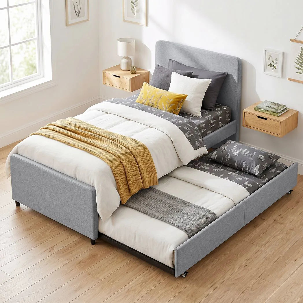 HOMCOM 3ft Single Upholstered Trundle Bed Frame with Headboard and Footboard – Pull-Out Guest Bed, Light Grey