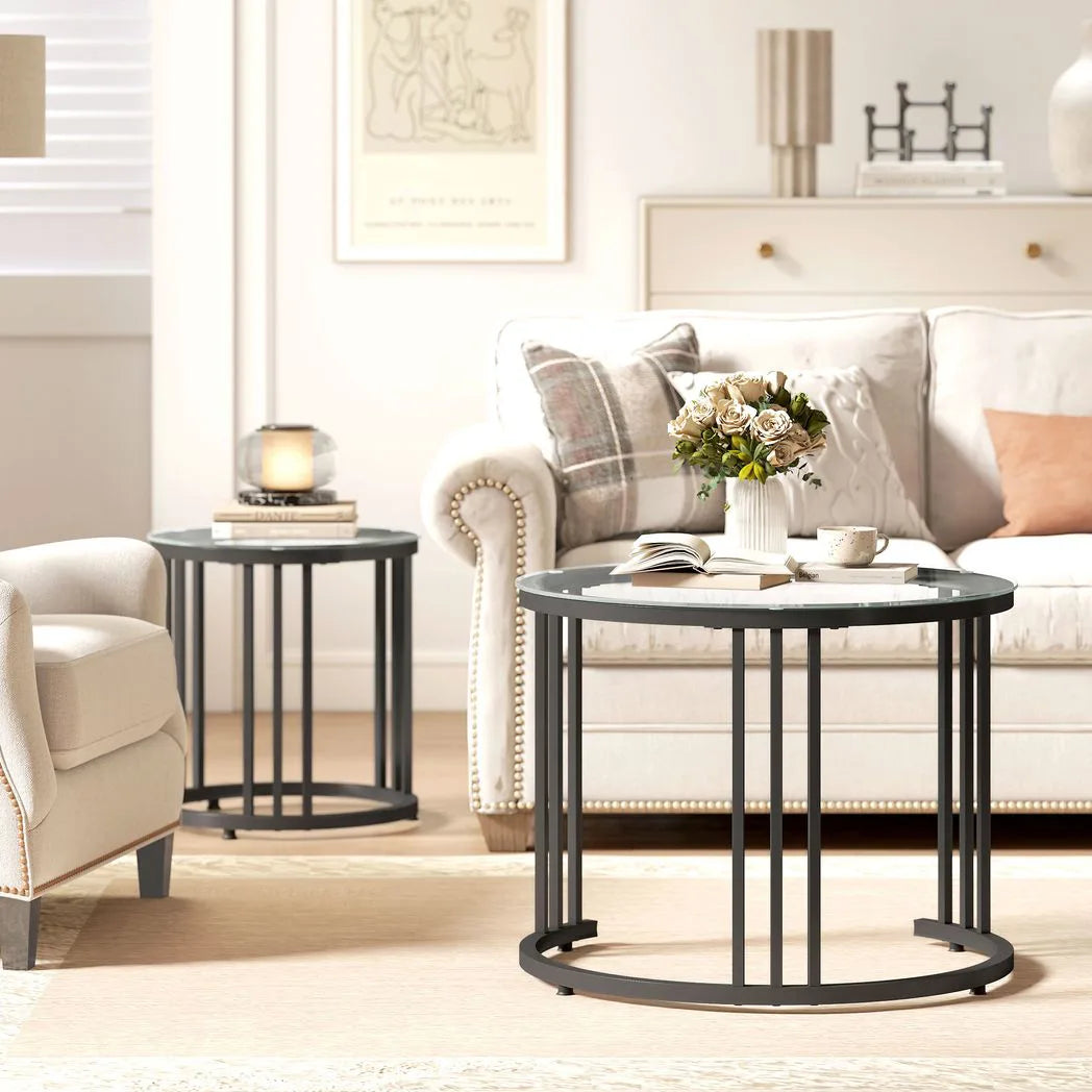 HOMCOM Round Nesting Coffee Tables Set of 2 – Tempered Glass Tops, Steel Frame, Art Deco Style, Black