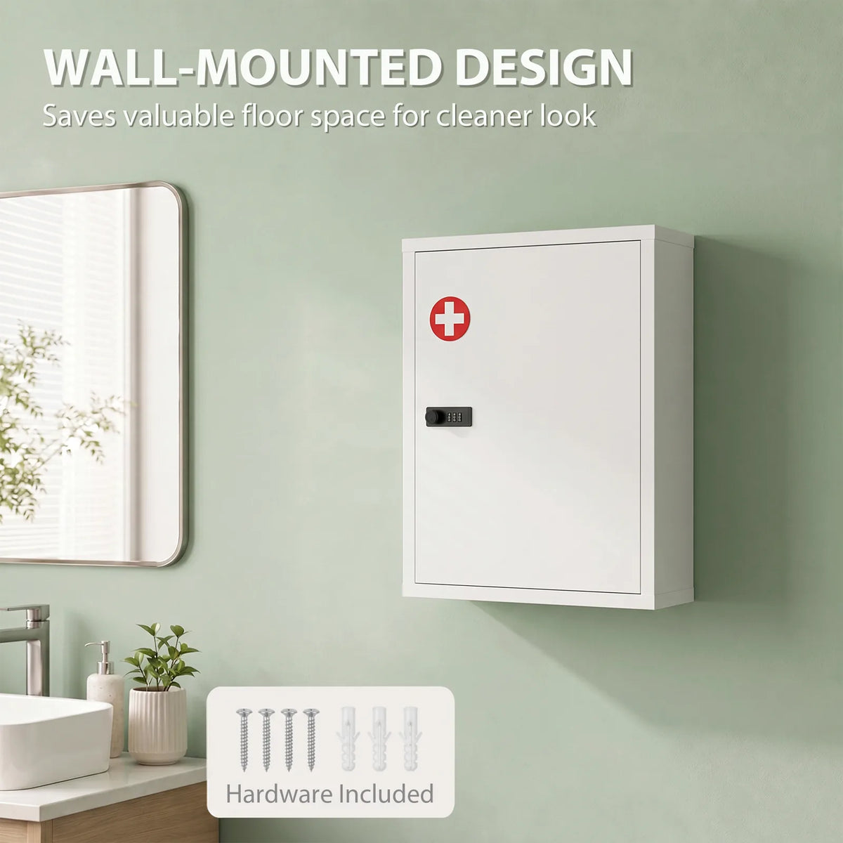 HOMCOM Wall Mount Medicine Cabinet with Combination Lock, Door and Storage Shelves – Bathroom Storage, White