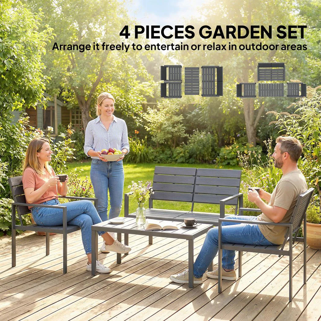 Outsunny 4 Piece HDPE Garden Furniture Set with Loveseat, 2 Armchairs and Coffee Table – Dark Grey