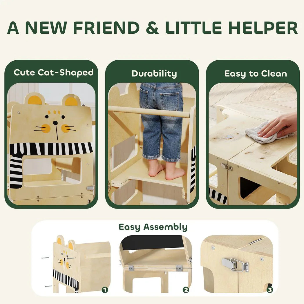 AIYAPLAY 3-in-1 Toddler Step Stool with Chalkboard – Cat-Shaped Kitchen Standing Tower, Natural