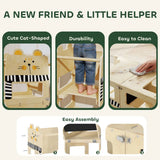 AIYAPLAY 3-in-1 Toddler Step Stool with Chalkboard – Cat-Shaped Kitchen Standing Tower, Natural
