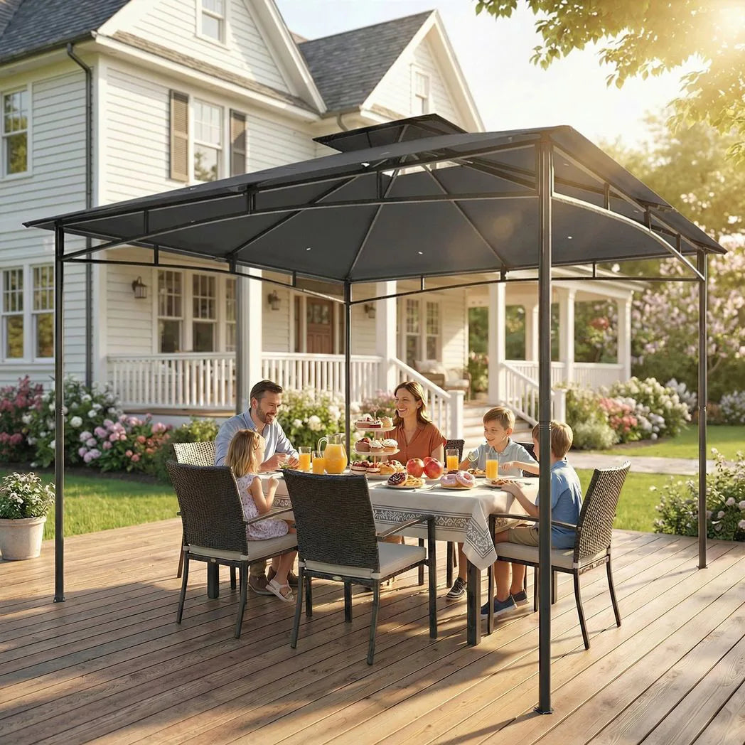 Outsunny 3 x 3 m Garden Gazebo with 2-Tier Roof, UPF 50 Fabric and Metal Frame – Outdoor Canopy Shelter, Dark Grey