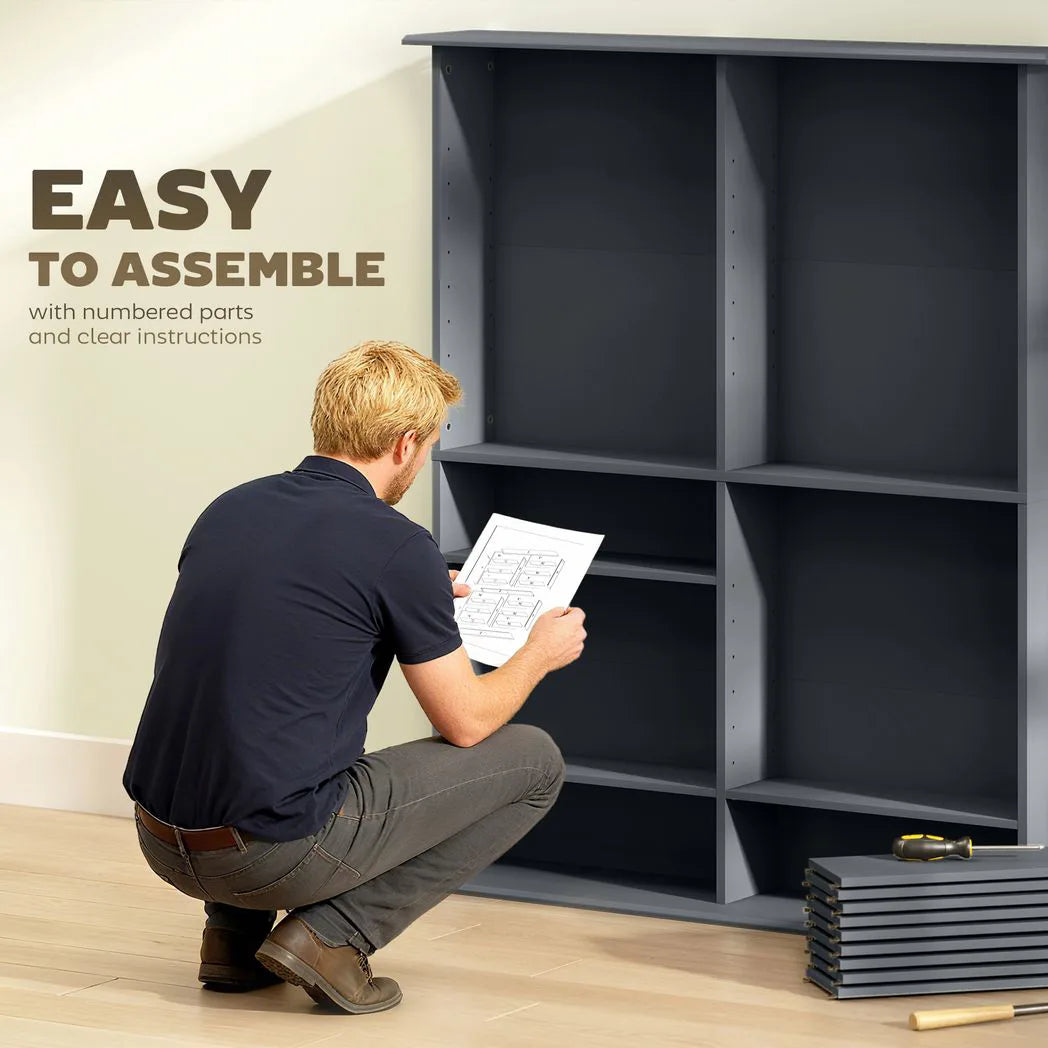 HOMCOM 16-Compartment Media Shelf with 12 Adjustable Shelves, Holds 720 CDs – CD and DVD Tower, Grey