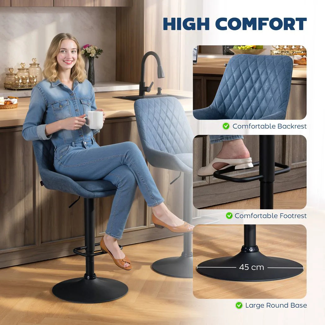 HOMCOM Set of 2 Retro Faux Leather Bar Stools, Adjustable Height Swivel Kitchen Stools with Footrest – Dark Blue