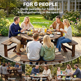 Outsunny 6 Seater Wooden Round Picnic Table with Matching Benches & Parasol Hole, Carbonised Finish