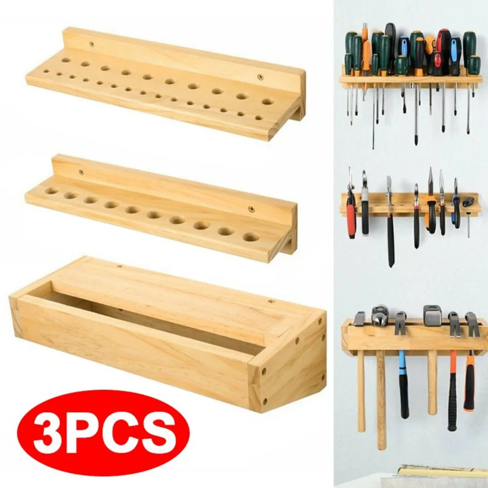 Wall-Mounted Pine Wood Tool Rack, Set of 3 – Workshop Screwdriver, Pliers and Hammer Organiser