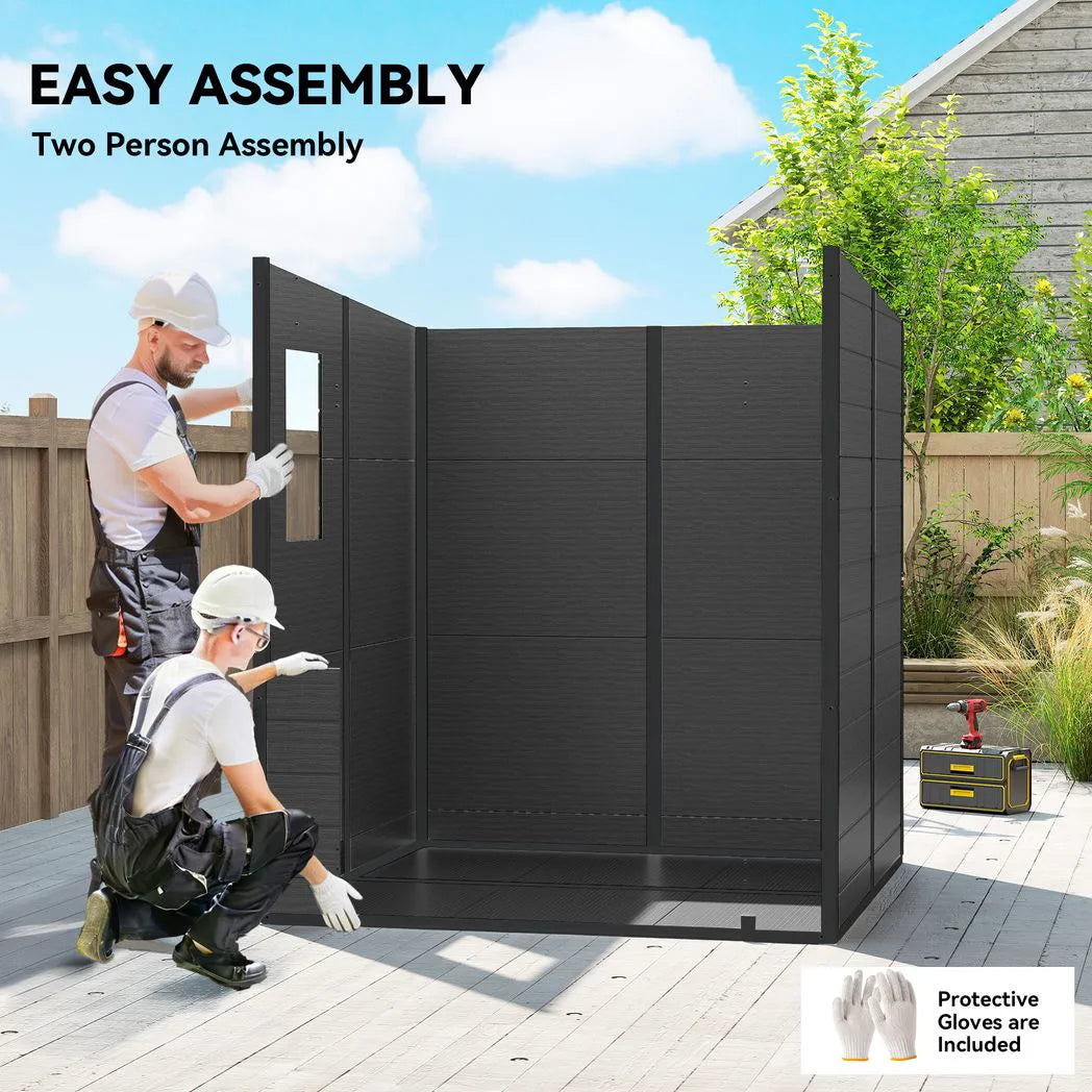 Outsunny 6 x 6ft Wood-Effect Plastic Garden Shed with Floor, Windows & Lockable Doors – Outdoor Storage, Dark Grey