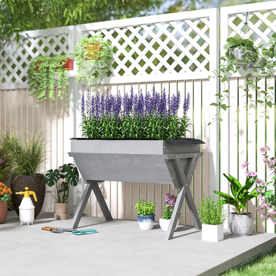 Outsunny Wooden Raised Garden Bed with Legs and Bed Liner – Elevated Fir Wood Planter Box, 178L, Light Grey