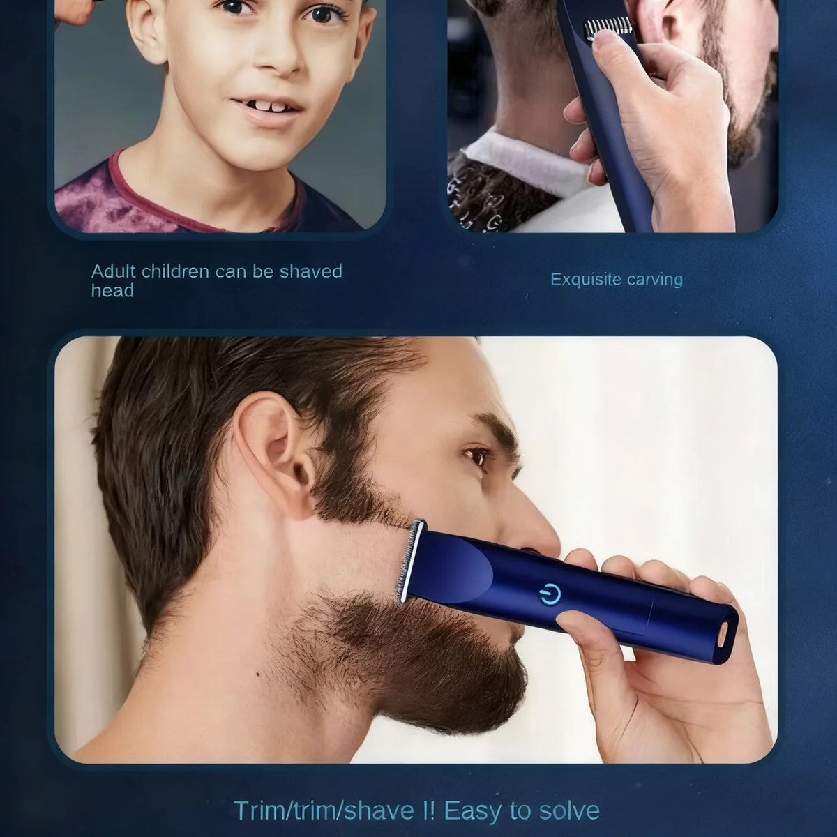 Electric Hair Clipper and Beard Trimmer with 4 Limit Combs & R-Shaped Floating Blade – Rechargeable, Blue