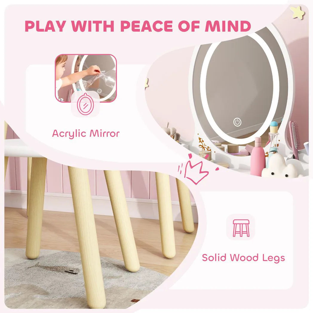 AIYAPLAY Kids Vanity Table and Chair Set with 3-Colour LED Mirror & Drawers – 2-in-1 Dressing Table & Desk, White