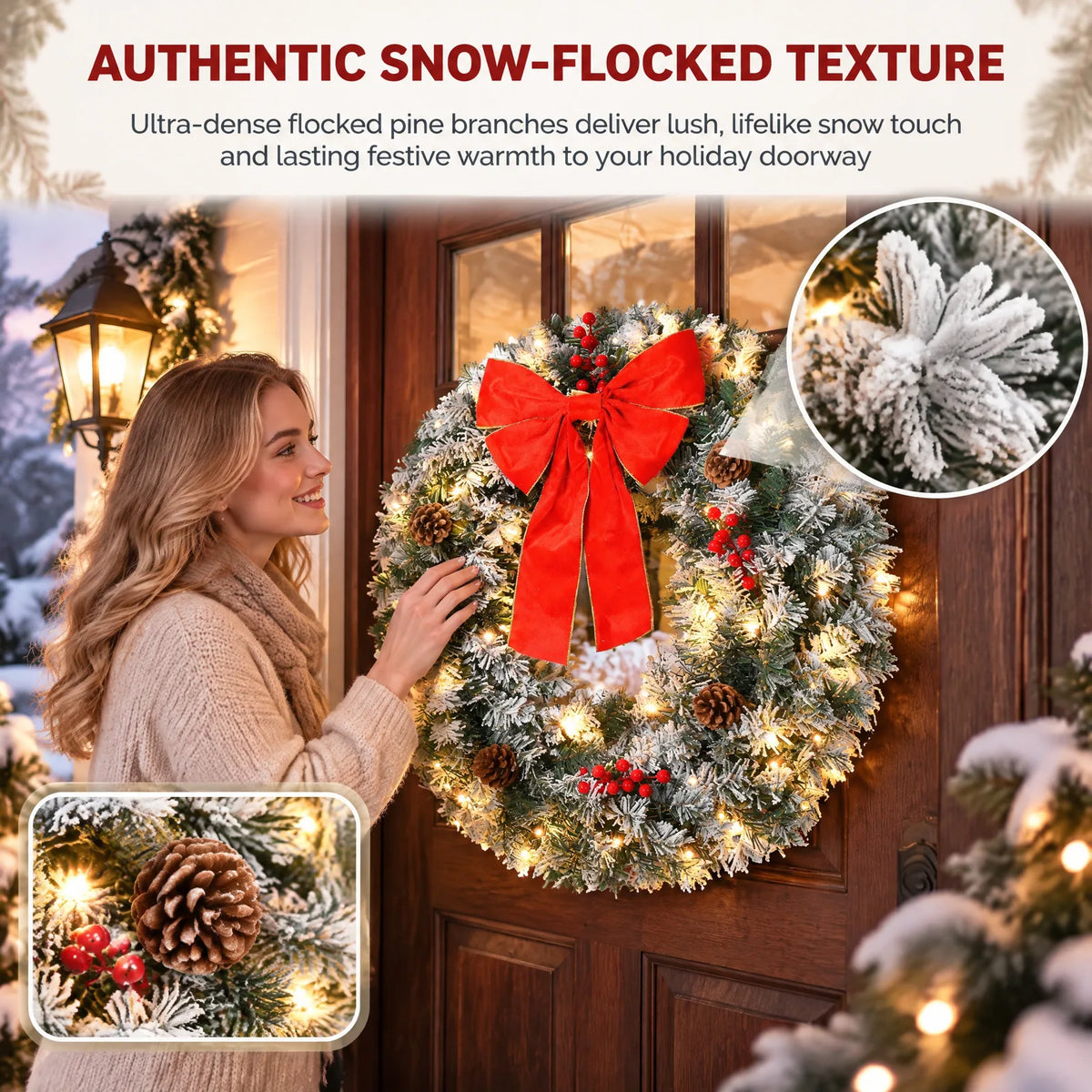 36in Pre-Lit Snow Flocked Christmas Wreath with 100 LED Lights – Lighted Artificial Door Decoration