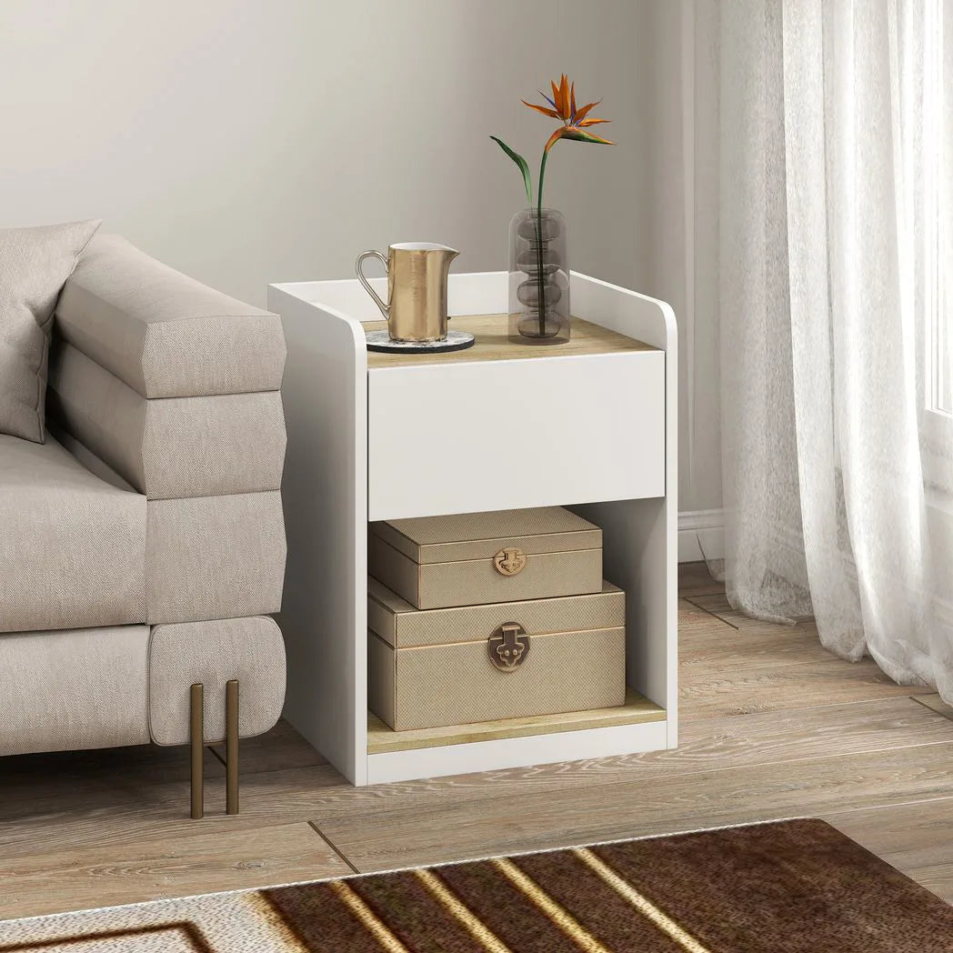 HOMCOM Slim Bedside Table with Drawer, Open Shelf and Cable Holes – Compact Nightstand, White and Oak