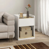 HOMCOM Slim Bedside Table with Drawer, Open Shelf and Cable Holes – Compact Nightstand, White and Oak
