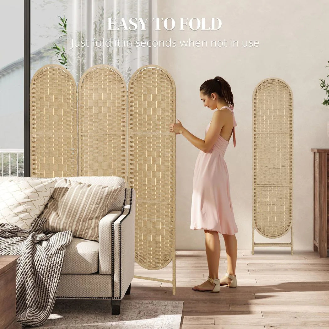 HOMCOM 3-Panel Folding Room Divider, 170cm Privacy Screen with Woven Paper Rope Panels – Natural Wood