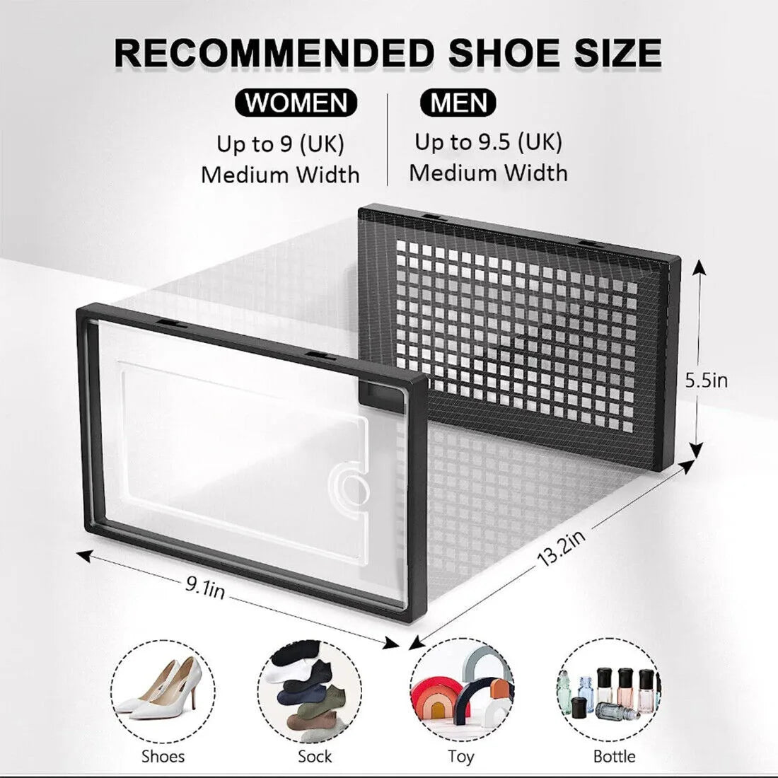 Set of 12 Stackable Clear-Door Shoe Boxes, Plastic Storage Bins, 33 x 23 x 14cm, Black