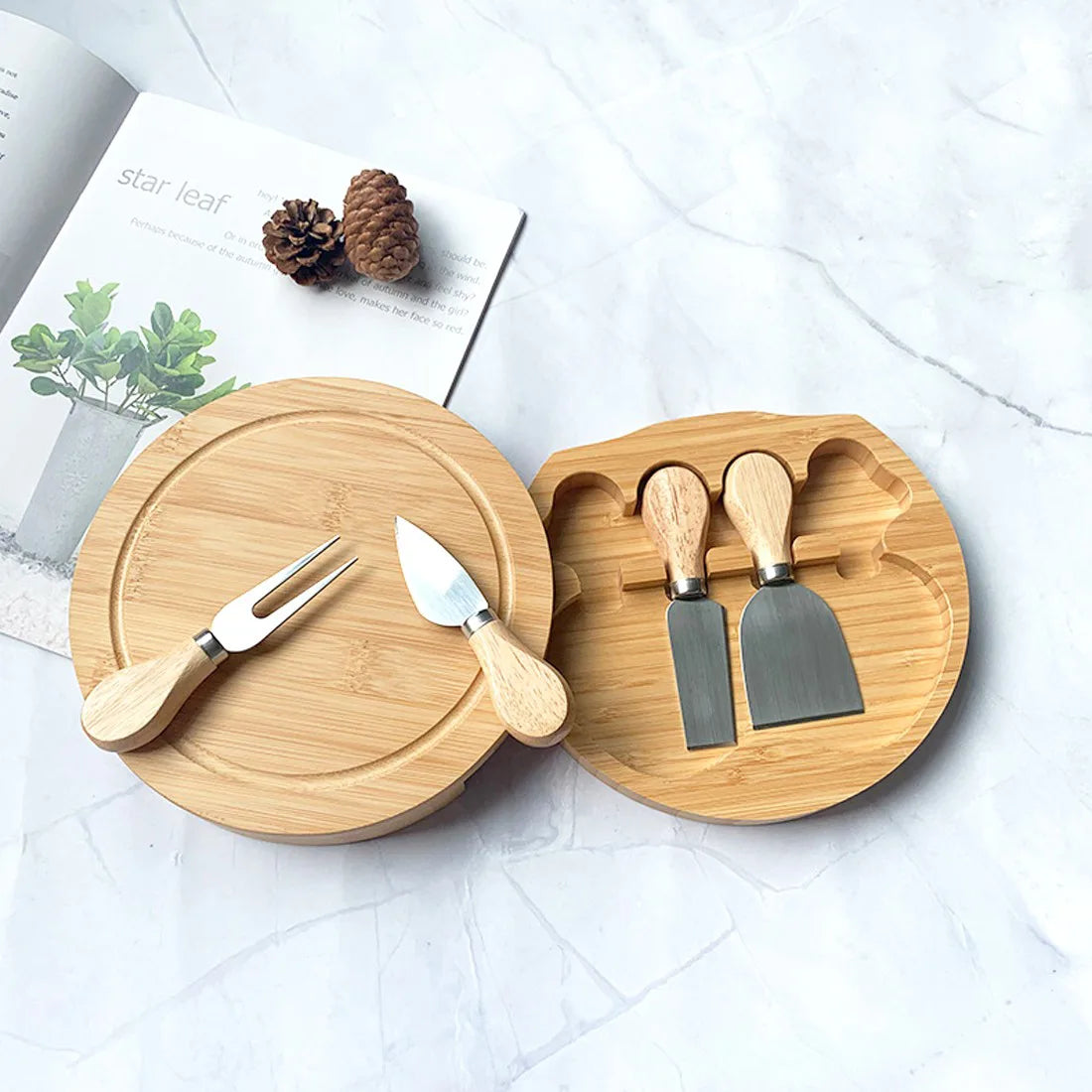 4-Piece Cheese Knife and Spatula Set with Round Rubberwood Box – Stainless Steel Blades, Gift Cheese Tools