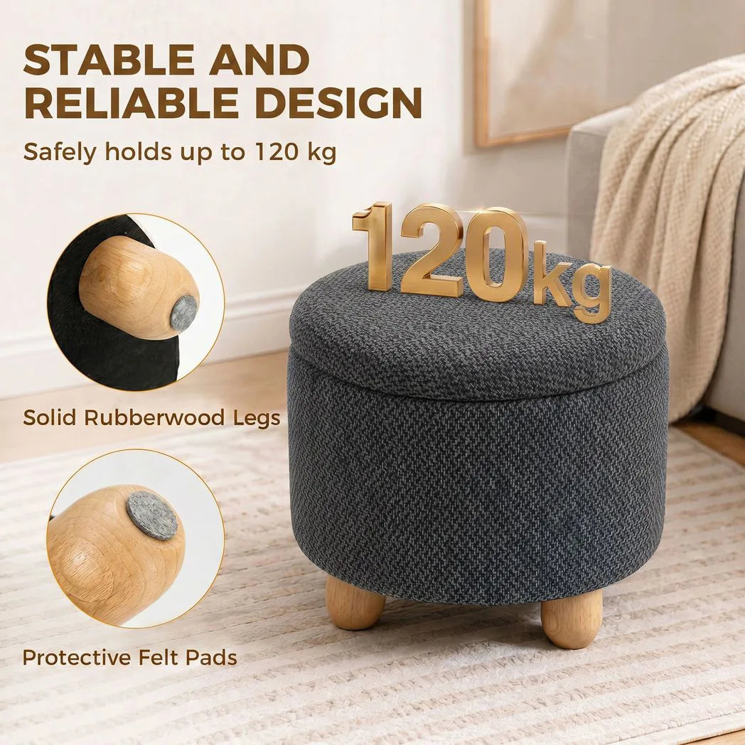 HOMCOM Round Storage Ottoman with Reversible Lid and Rubberwood Legs – 19L Footstool Bench, Dark Grey