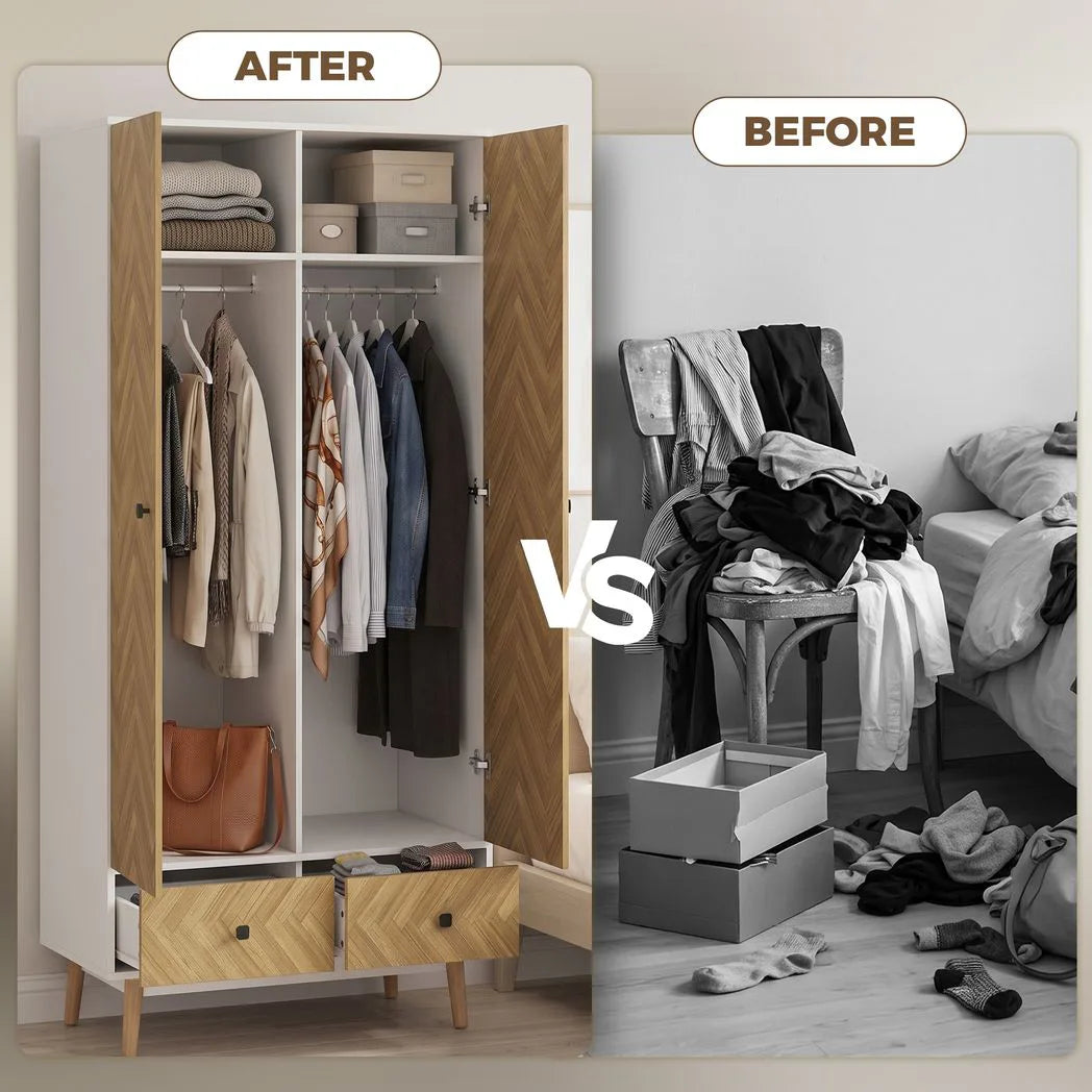 HOMCOM Modern Wardrobe with 2 Hanging Rods, 2 Shelves and 2 Drawers – Wood-Effect Bedroom Storage, White