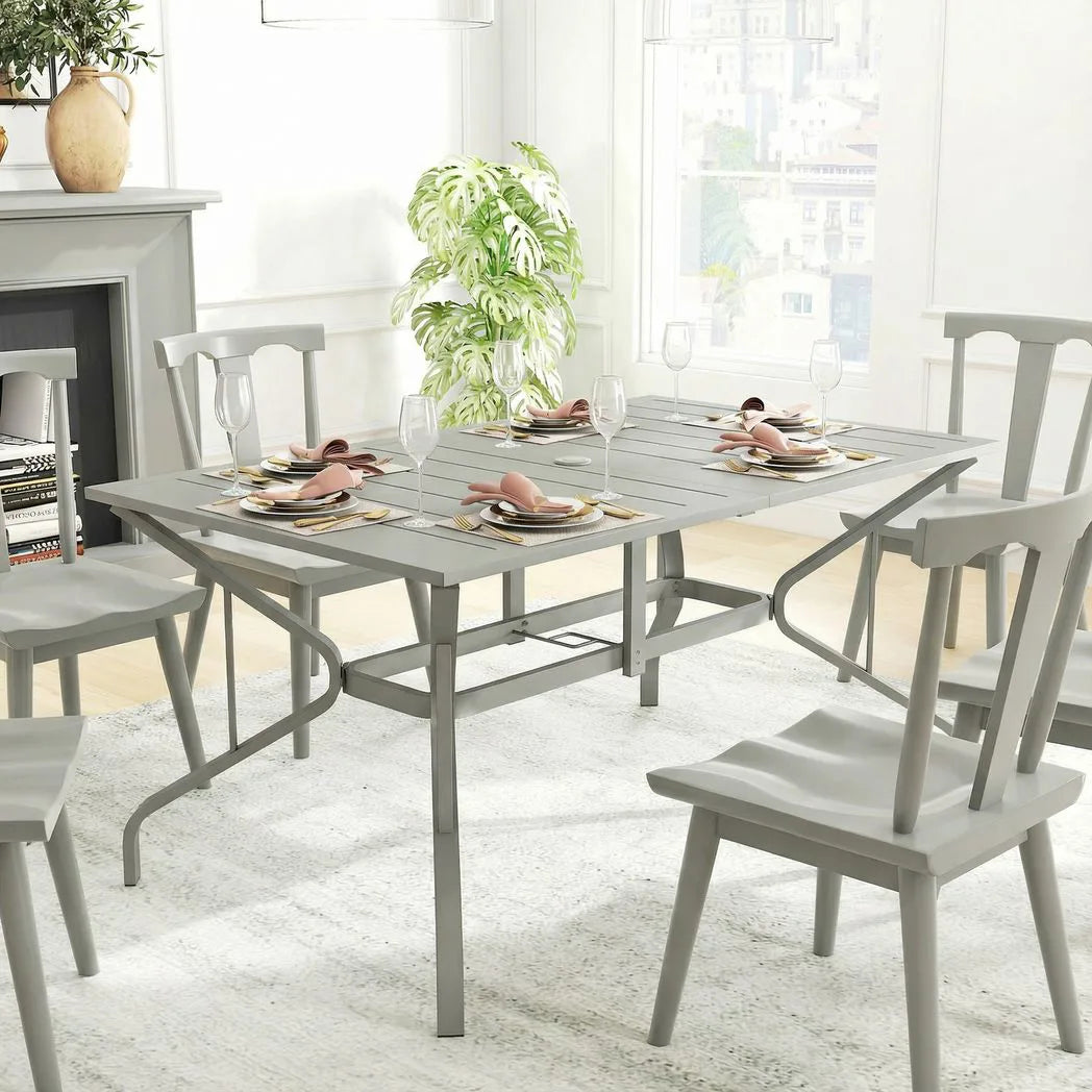Outsunny Rectangular Garden Dining Table for 6 with Parasol Hole, Galvanised Steel, 150 x 90cm, Light Grey