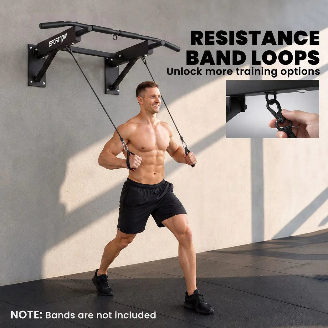 SPORTNOW Wall Mounted Folding Pull Up Bar with 3 Band Hooks – 120kg Steel Chin Up Bar for Home Gym, Black