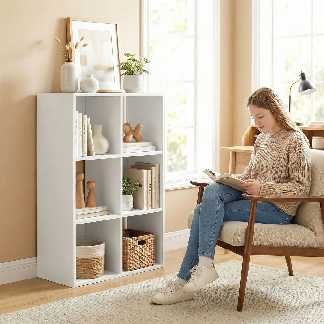 HOMCOM Industrial Style 3-Tier Storage Shelf with 6 Compartments – Bookcase for Living Room, White Wood Effect