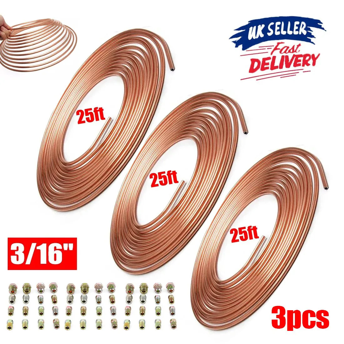 3 x 25ft Copper Nickel Brake Pipe Rolls, 3/16 Inch Tubing with 48 Pipe Nuts – Brake & Fuel Line Kit