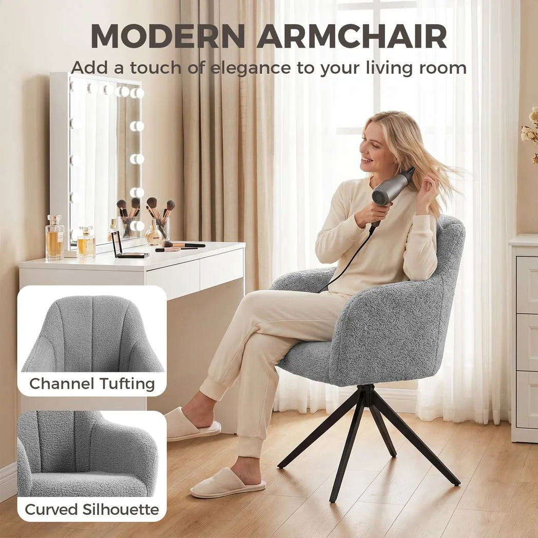HOMCOM 360° Swivel Accent Chair with Teddy Fleece and Channel Tufting – Curved Armchair, Grey