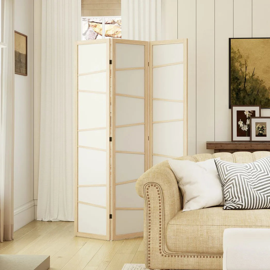 HOMCOM Wooden Folding Privacy Screen with Solid Wood Frame – 3 Panel Room Divider for Bedroom, Natural Wood Finish