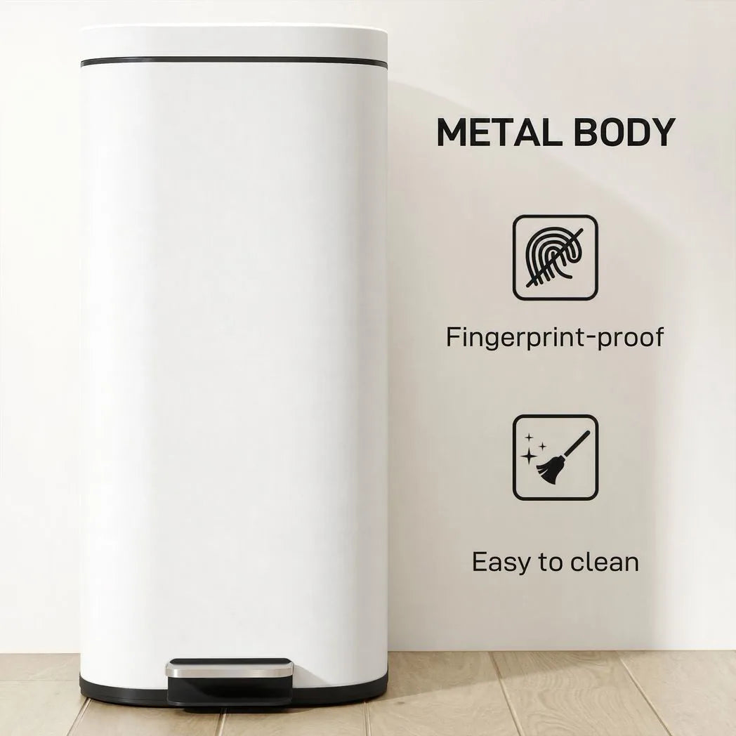 HOMCOM 30L Pedal Kitchen Bin with Soft-Close Lid and Removable Bucket – Compact Metal Rubbish Bin, Cream