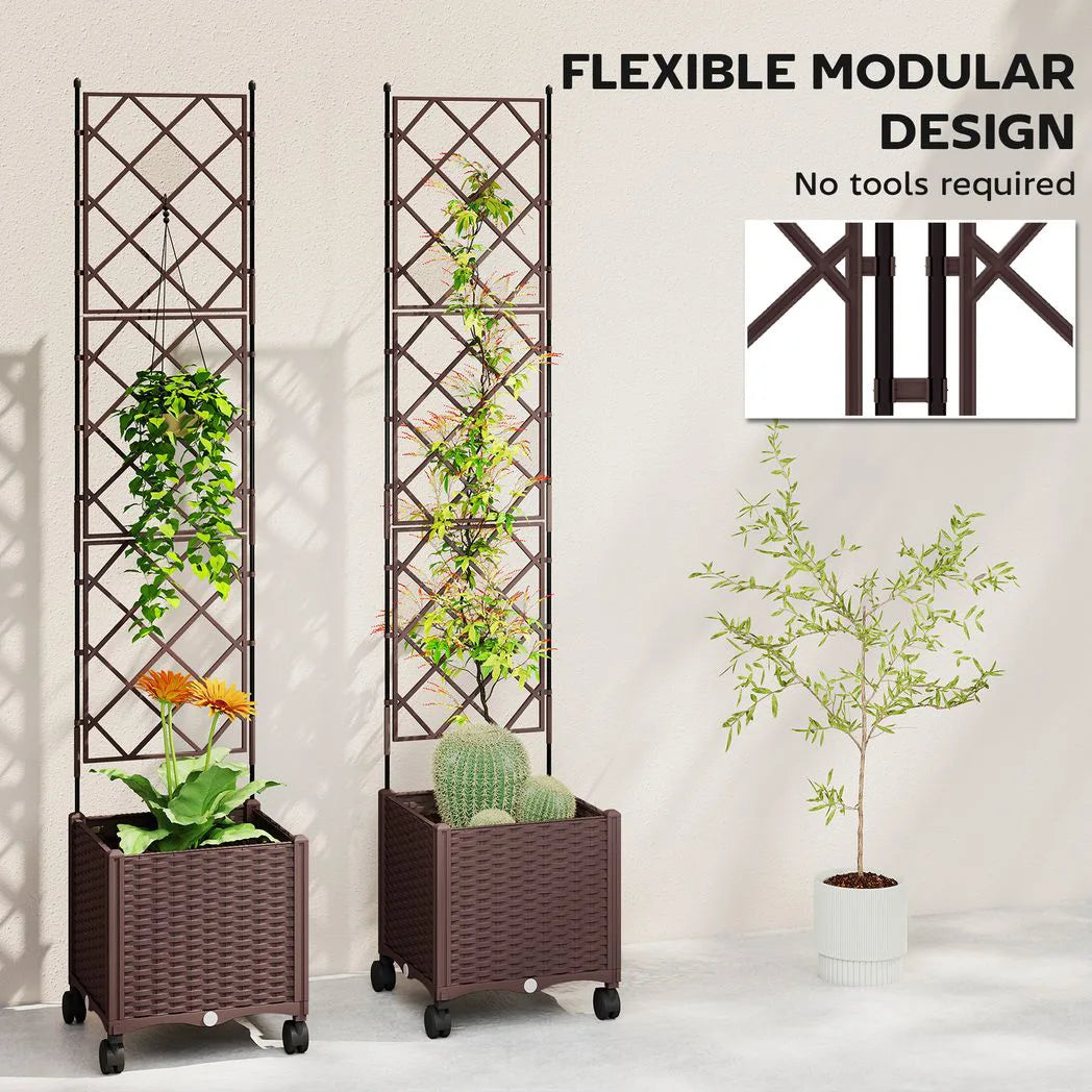 Outsunny Self-Watering Raised Planter with Trellis – Mobile Plastic Garden Bed on Wheels, 130L, 192cm