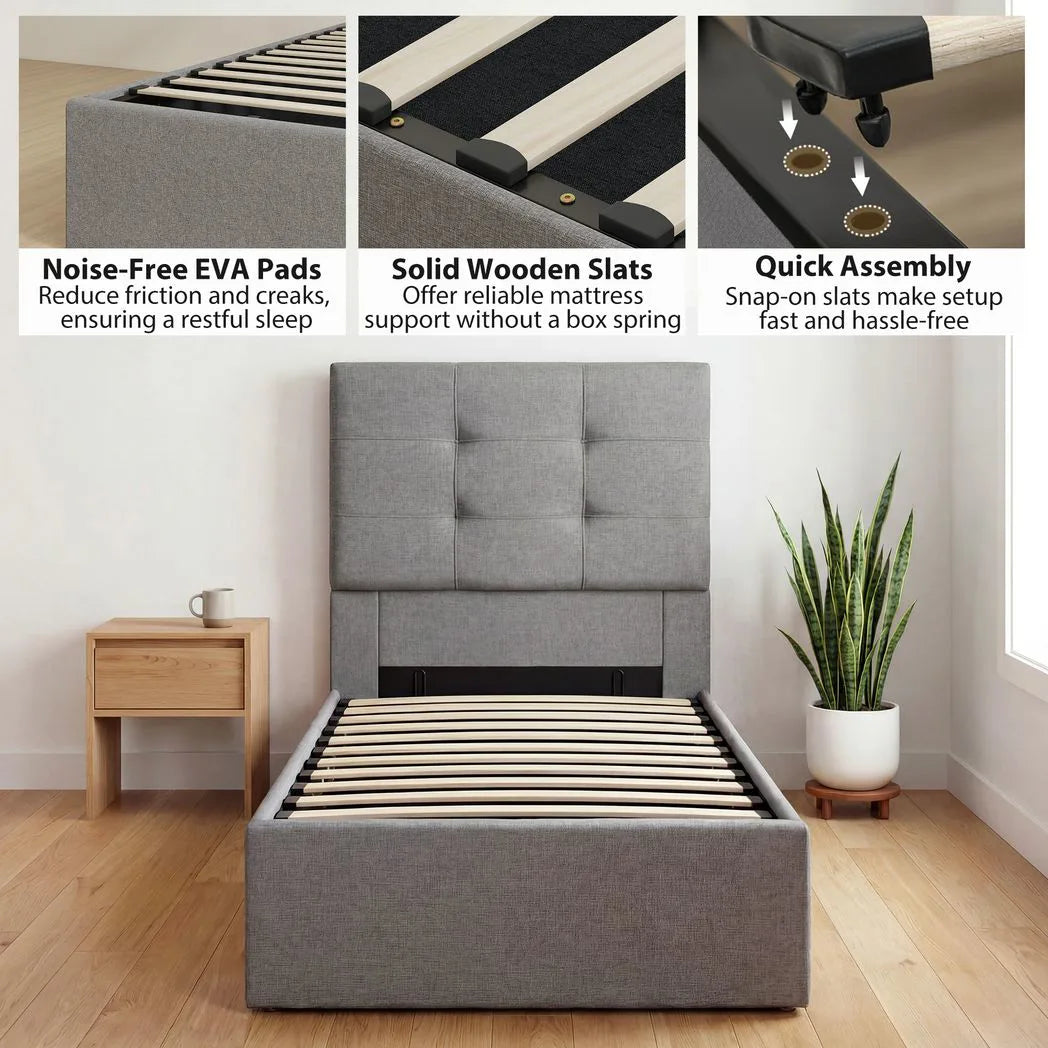 HOMCOM 3ft Single Ottoman Bed with Gas Lift Storage and Upholstered Headboard – Linen-Look Bed Frame, Grey