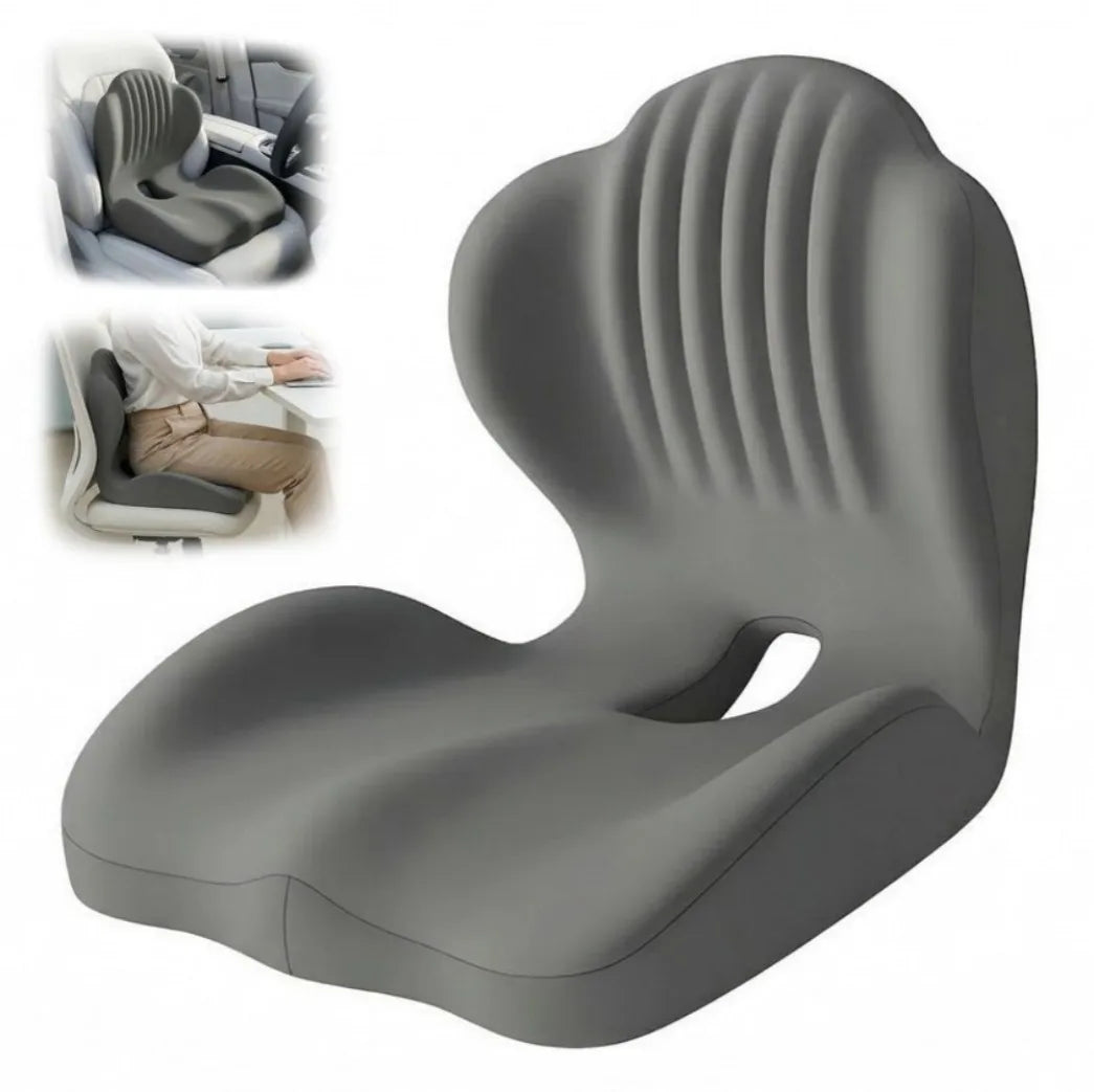 2-in-1 Ergonomic Memory Foam Back and Seat Cushion with Lumbar Support – L-Shaped, Non-Slip Base, Grey