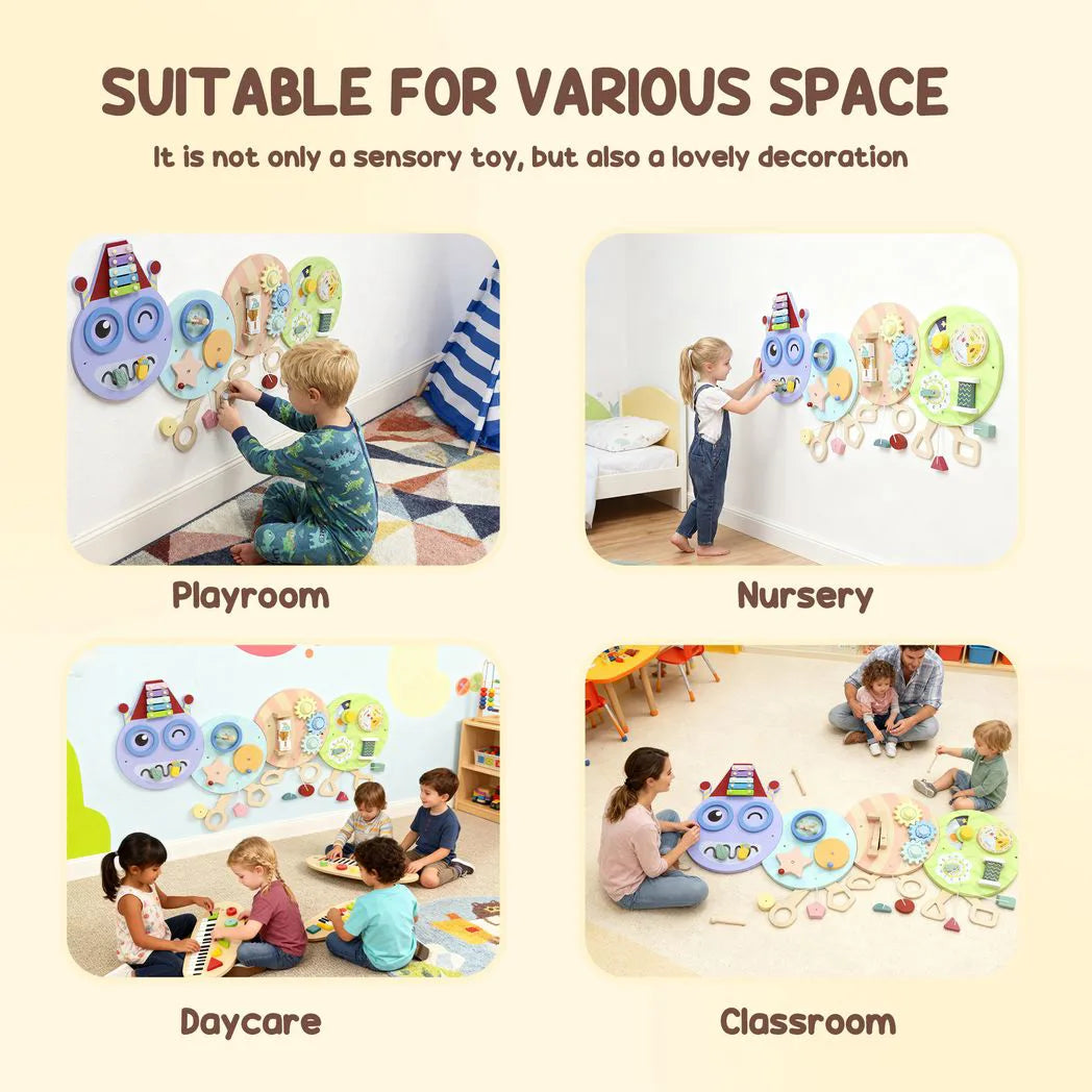 AIYAPLAY Caterpillar Busy Board with 7 Activities – Wall-Mounted Montessori Play for Nursery, Ages 3+