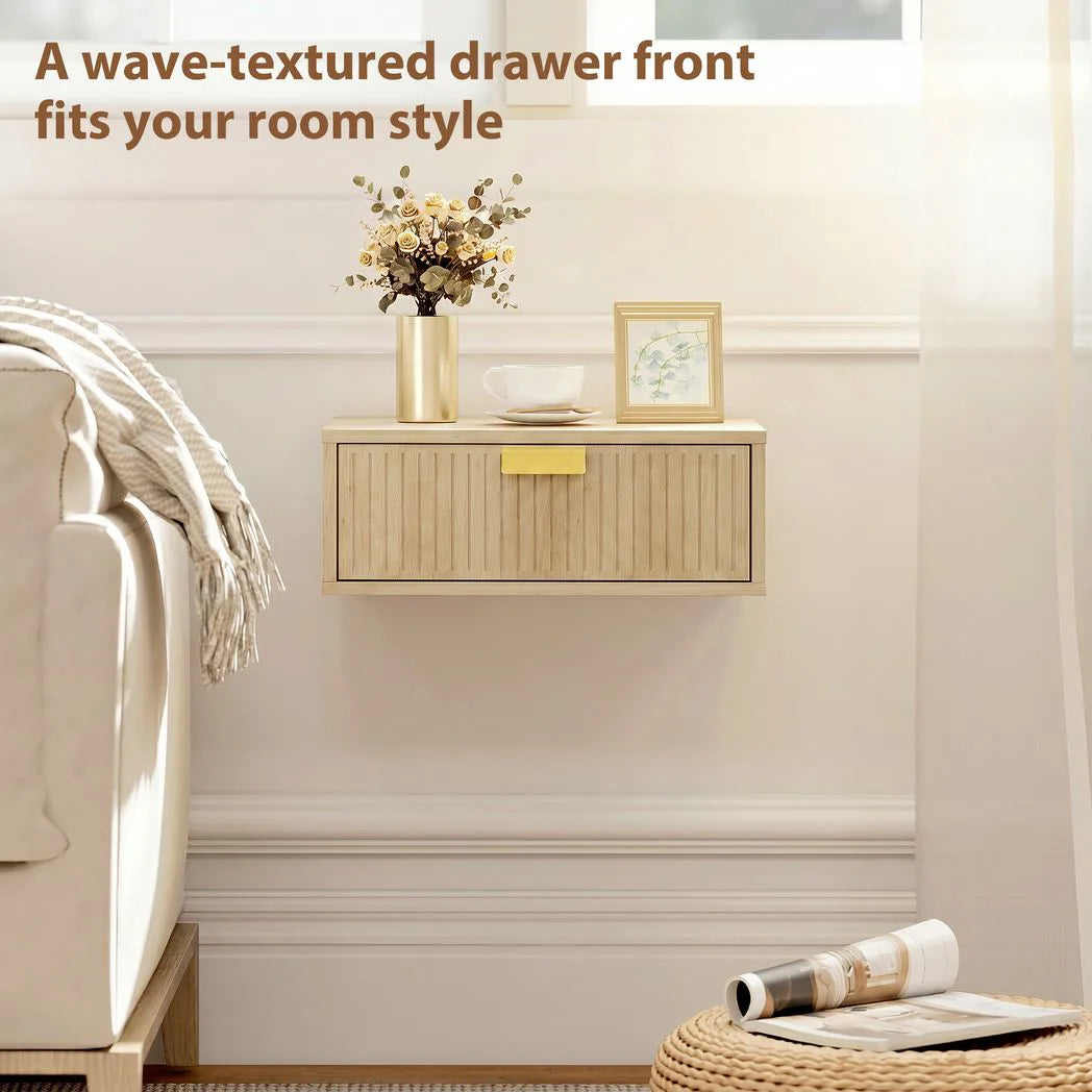HOMCOM Floating Nightstands Set of 2 with Wave Drawers – Wall-Mounted Bedside Tables, Oak
