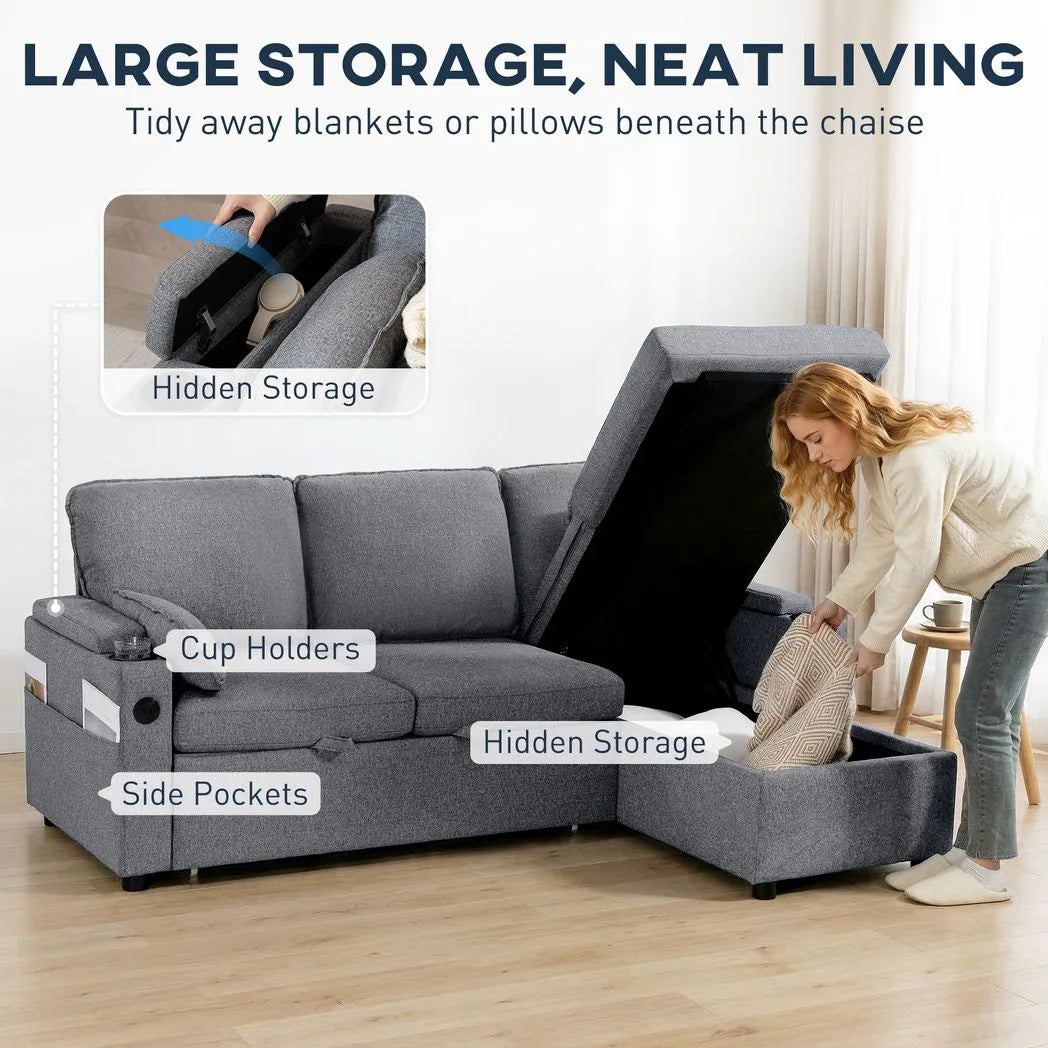 HOMCOM Corner Sofa Bed with Reversible Storage Chaise, Pocket Springs and USB Charging – L Shaped, Grey
