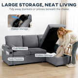 HOMCOM Corner Sofa Bed with Reversible Storage Chaise, Pocket Springs and USB Charging – L Shaped, Grey