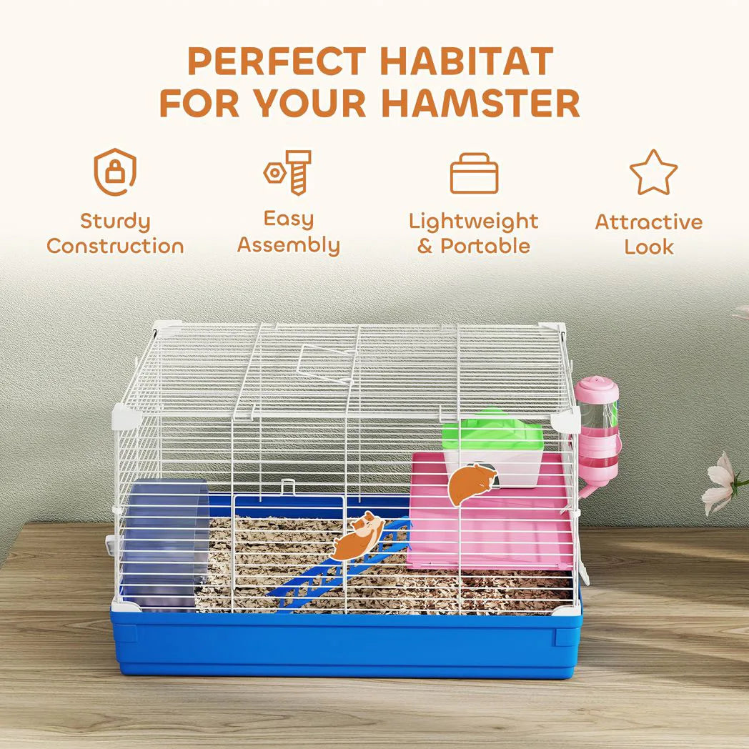 PawHut 2-Tier Portable Hamster Cage Starter Kit with Handle, Exercise Wheel, Water Bottle & Dishes – Blue