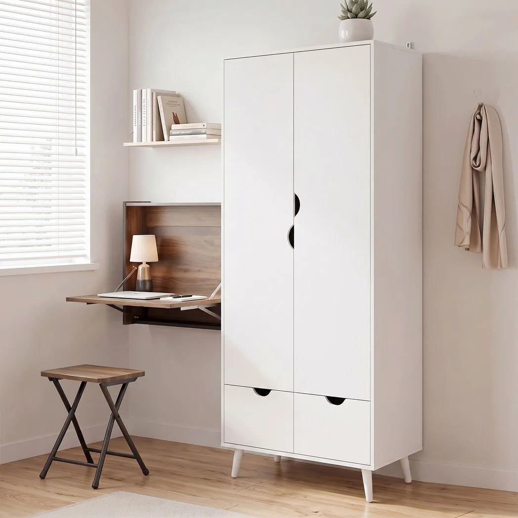 HOMCOM 2-Door Wardrobe with 2 Drawers, Hanging Rail and Wood Feet – Bedroom Clothes Storage with Anti-Tip Straps, White