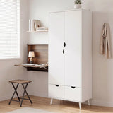 HOMCOM 2-Door Wardrobe with 2 Drawers, Hanging Rail and Wood Feet – Bedroom Clothes Storage with Anti-Tip Straps, White
