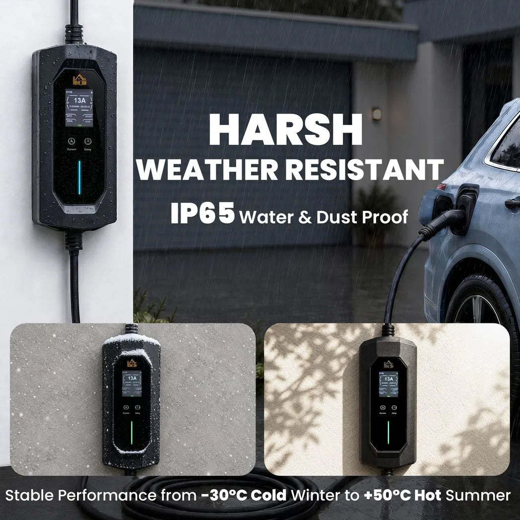 HOMCOM 10 m Type 2 to 3-Pin Plug EV Charger, 2.8 kW, 6-13 A, IP65 Portable Charging Cable with LCD & 1-12 h Timer