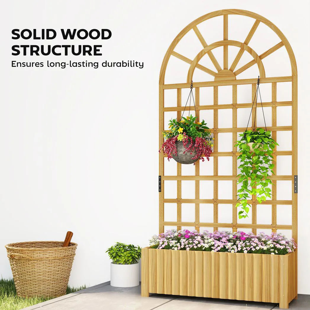Outsunny Wooden Raised Planter with Curved Trellis & Drainage Holes – Garden Bed for Climbing Plants, Fir Wood