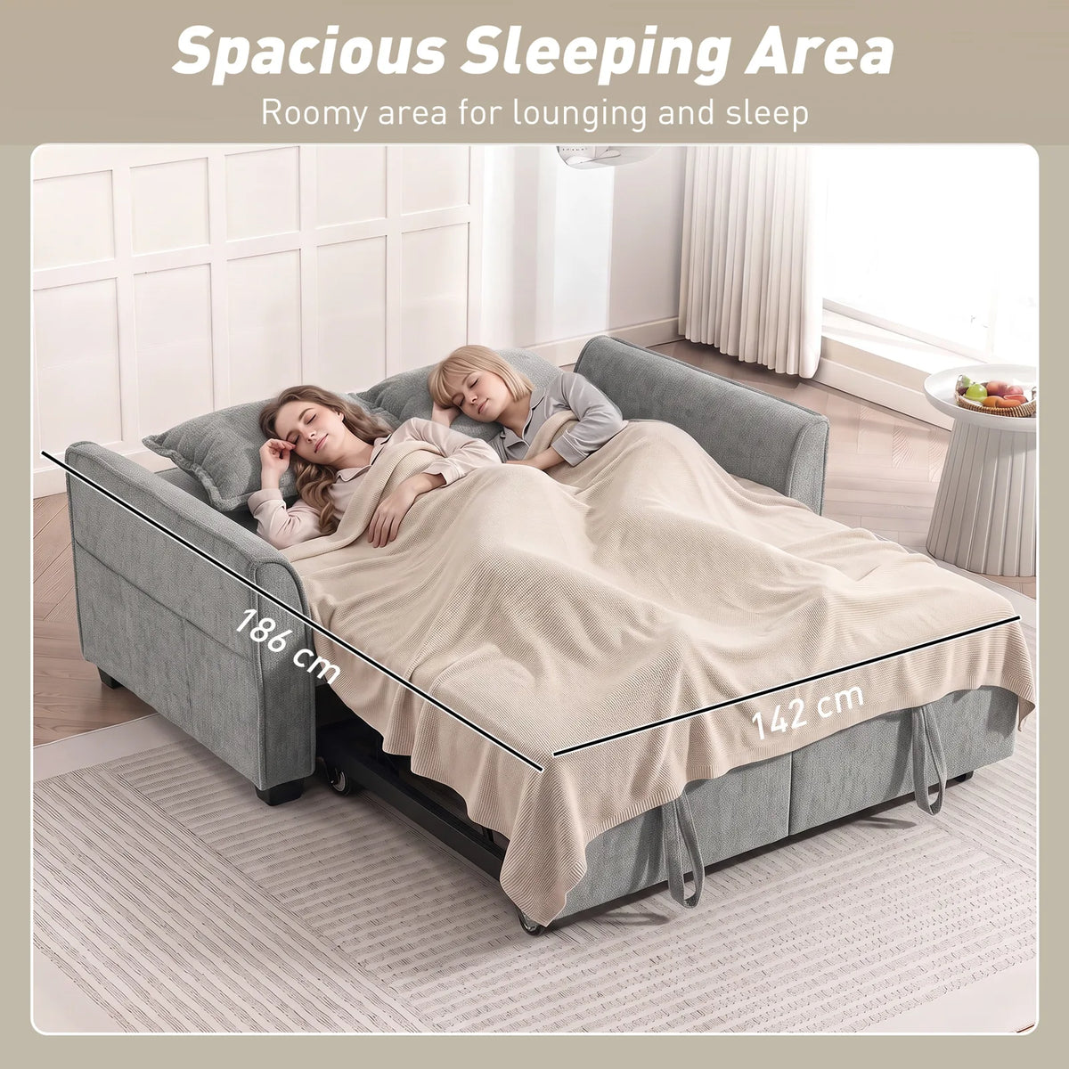 HOMCOM 2 Seater 4-in-1 Convertible Sofa Bed with Dual Pull-Out Beds and Side Pockets – Chenille, Grey
