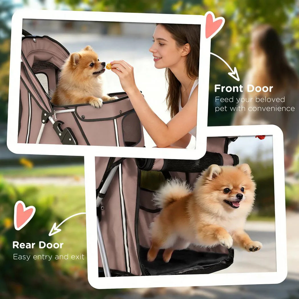 PawHut Foldable Dog Pram with Reflective Strips, 360° Swivel Wheels and Dual Brakes – Pet Stroller, Brown